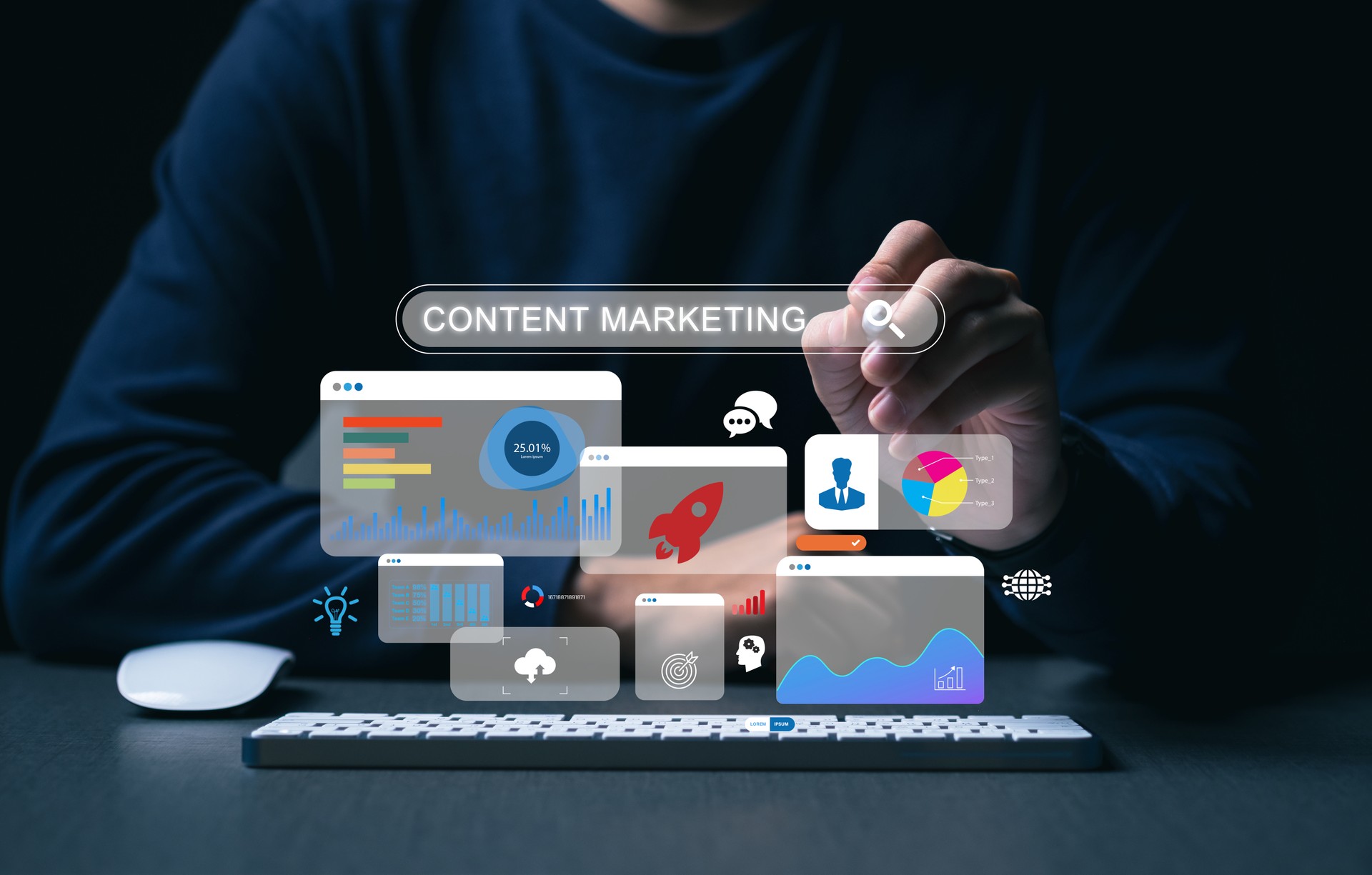 Content-Marketing-Zyklus-Konzept. Soziale Netzwerke, SEO. Kundengewinnung, digitales Content-Marketing.